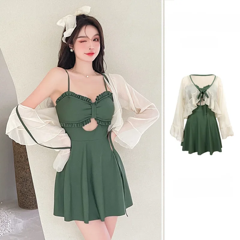 

Женский купальник в стиле юбки, цельный консервативный, приталенный, солнцезащитный, с длинным рукавом, горячая весна, корейский студенческий купальник в стиле Instagram