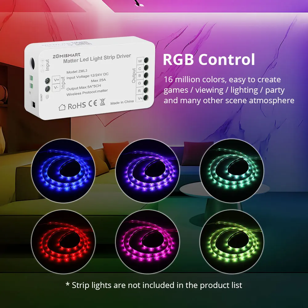 Matter Over WiFi Led Light Strip Driver Smart Led RGBCW controler Support Smartthings Alexa Google Home App Homekit Control