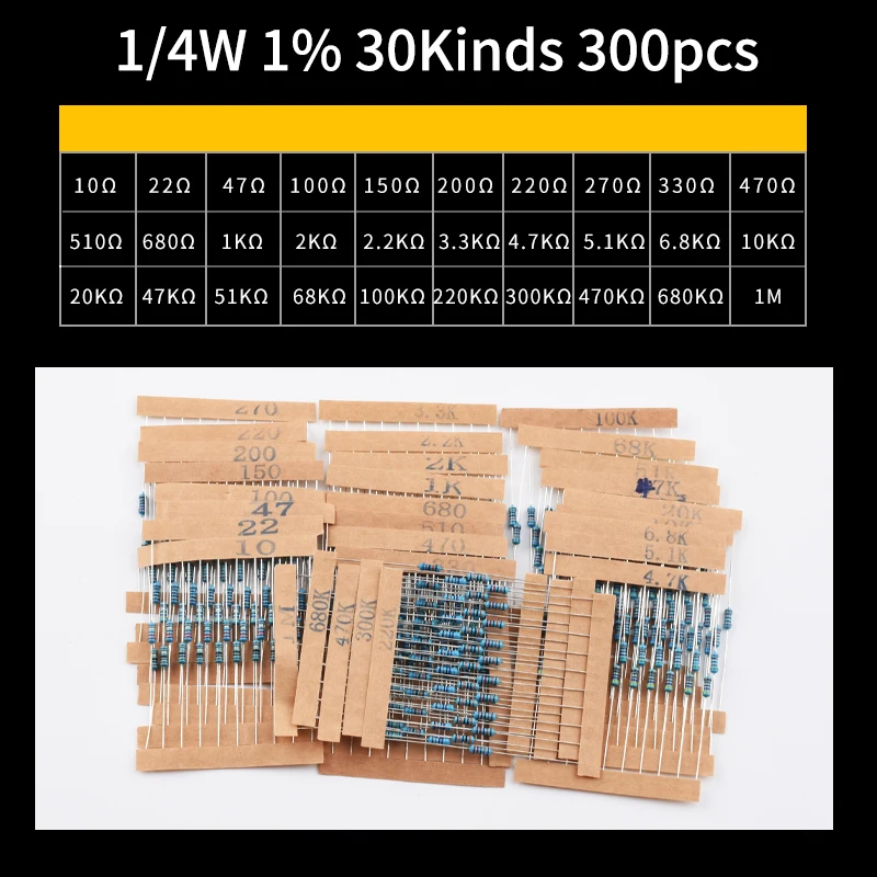 Snvi 600pcs/set 30/41 Kinds 1/4W Resistance 1% Metal Film Resistor Pack Assorted Kit 1K 10K 100K 220ohm 1M Resistors 300pcs/set
