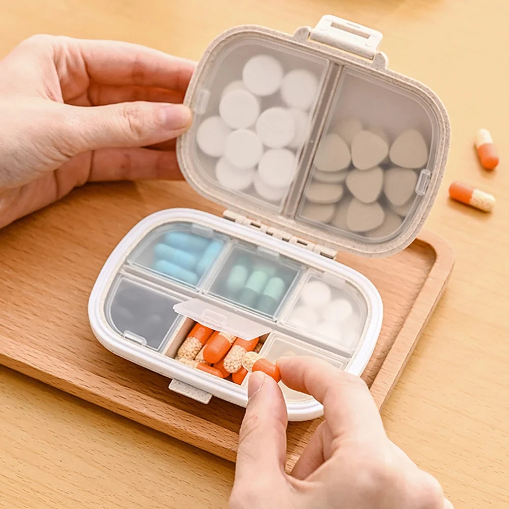 Portable 8-Grid Mini Pill Box Sealed and Moisture-Proof Essential Small Medicine Box For Business Trip Multiple Colors Available