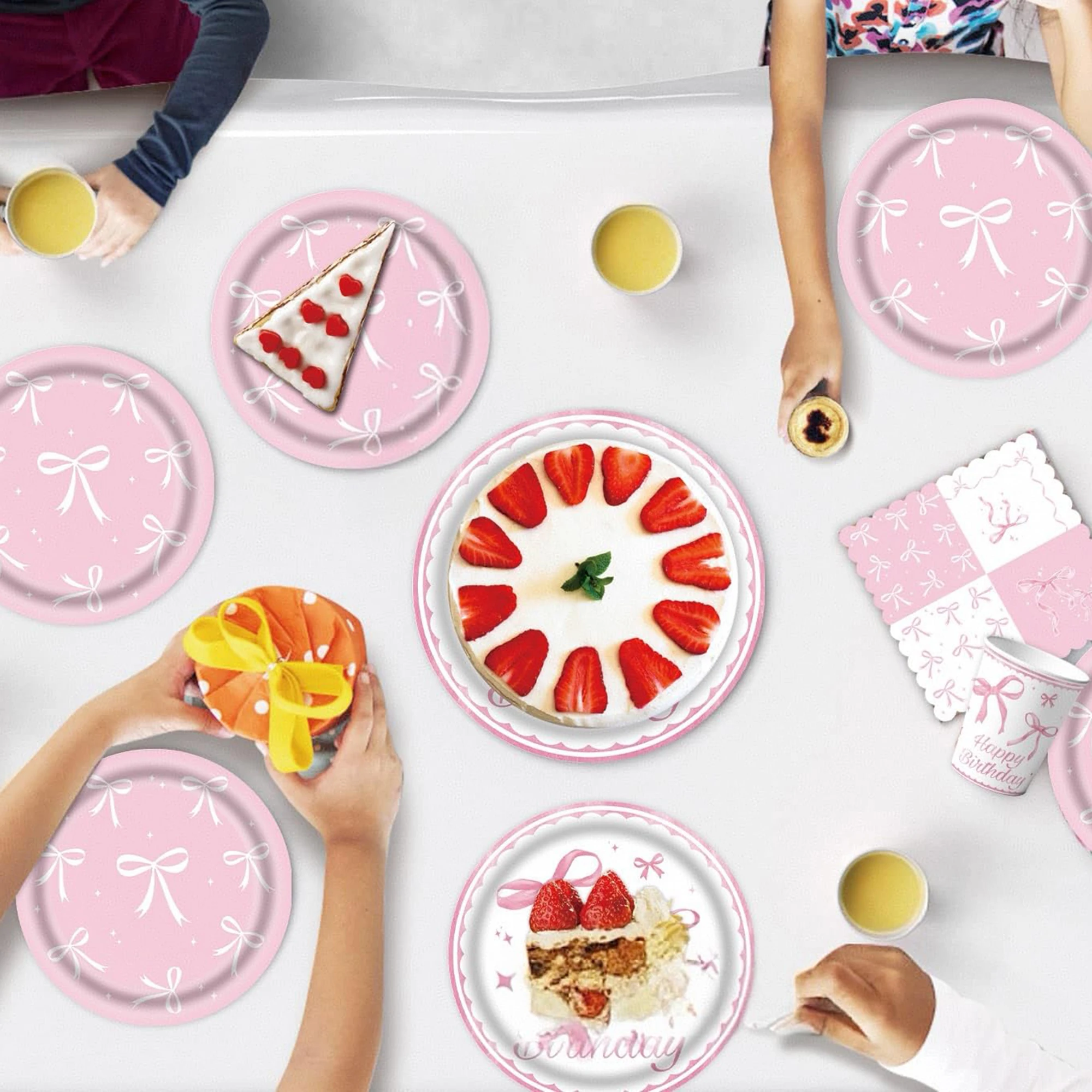 Rose Gold Party Decorations Set 100 Pcs Disposable Dinnerware and Decor for Birthday Celebration Pink Bow Theme