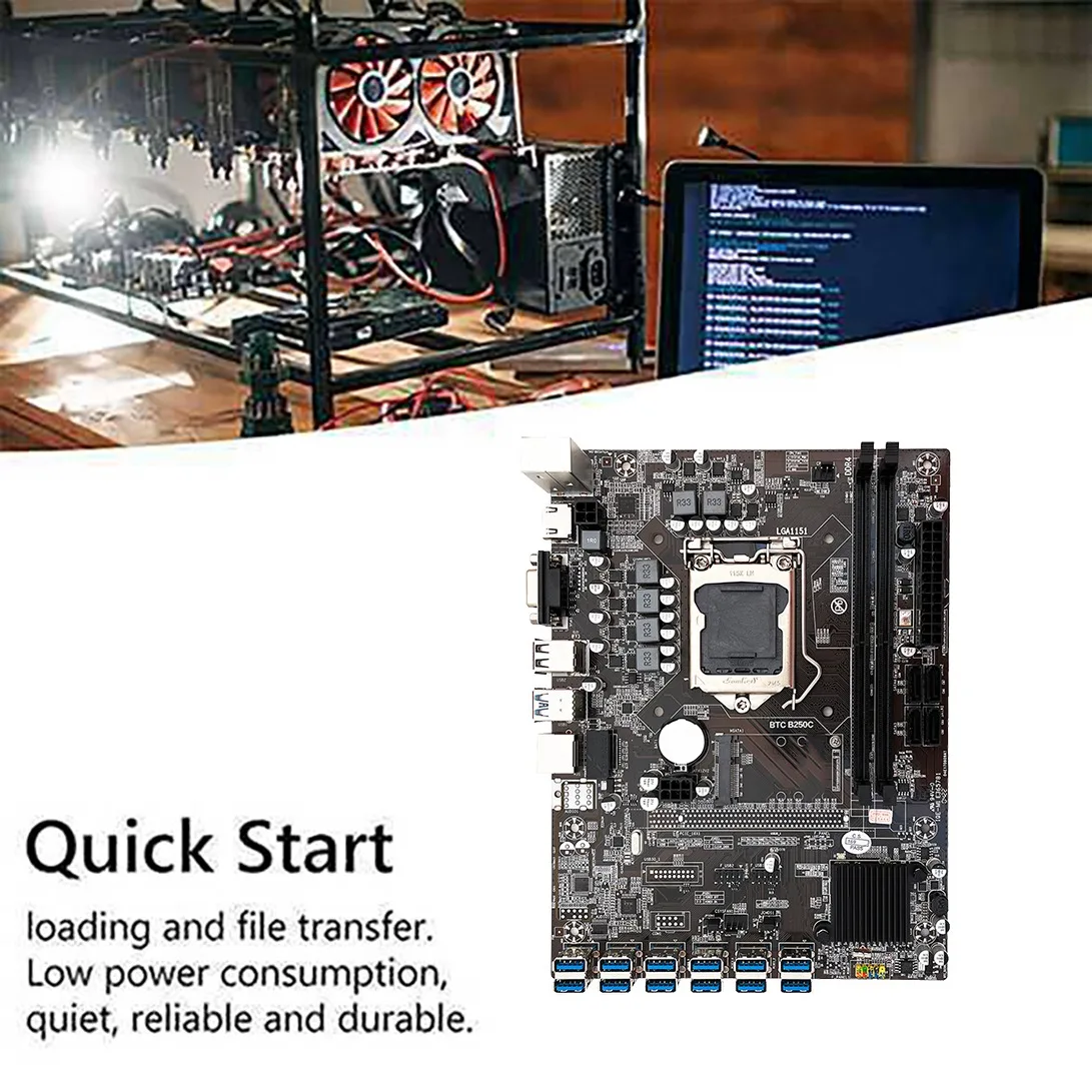 B250C BTC Mining MotherboardG3900 CPU+Thermal Pad+Fan+Screwdriver 12 USB3.0 Slots LGA1151 DDR4 RAM SATA3.0+MSATA