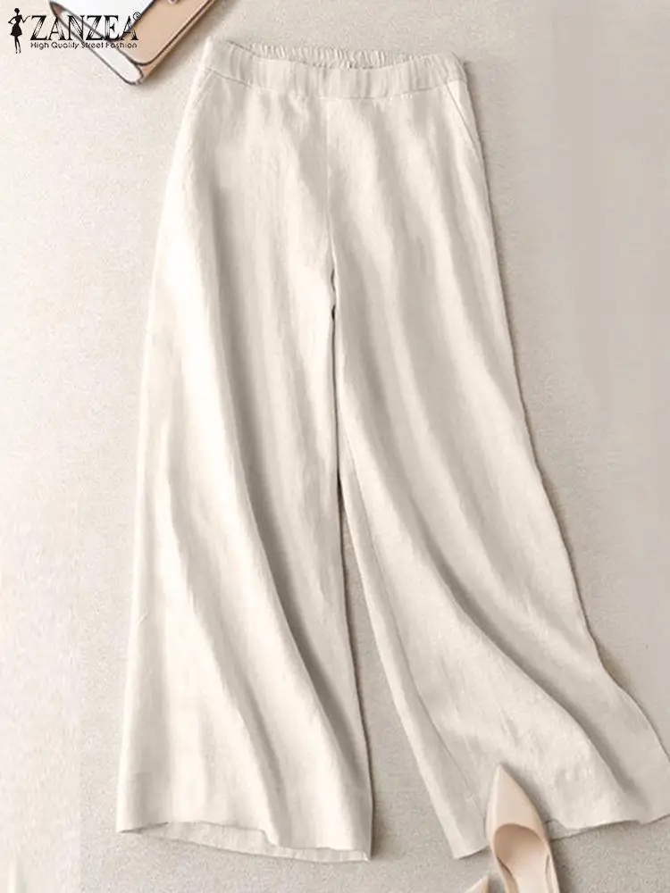 

Fashion Work Wear Pants ZANZEA Women Wide Leg Trousers Summer Solid Color Pants Femme High Waist Pantalon Vintage Cotton Palazzo