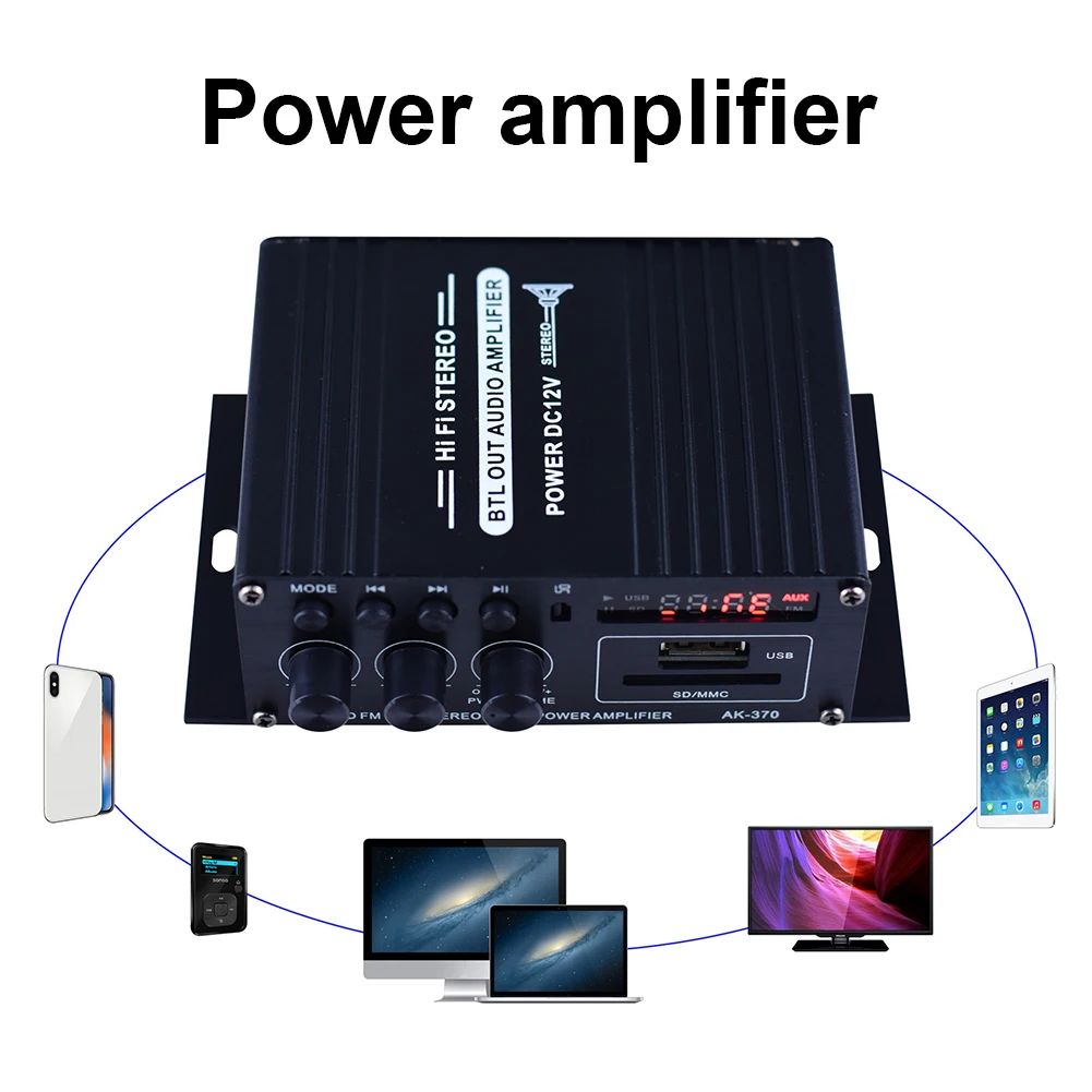 AK-370 Home Theater Amplifier 2.0 Channel Audio Amplifier 20W+20W Digital Audio Amplifiers DC 12V Mini HIFI Stereo USB OTG Input