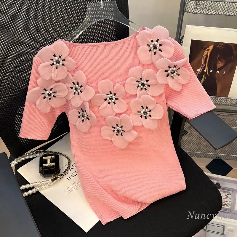 

French Style Beaded Three-Dimensional Flower Round Neck Short-Sleeved T-shirt Women's Summer New Slim Fit Stretch Knit Top Tees
