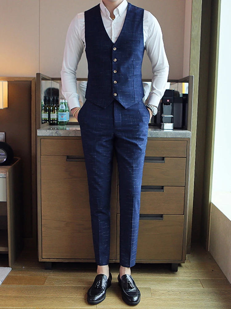 S-7XL ( Vest + Pants ) Mens Boutique Plaid Formal Business Suit Vest and Pants 2 Piece Set Groom Wedding Dress Slim Waist Coat 2