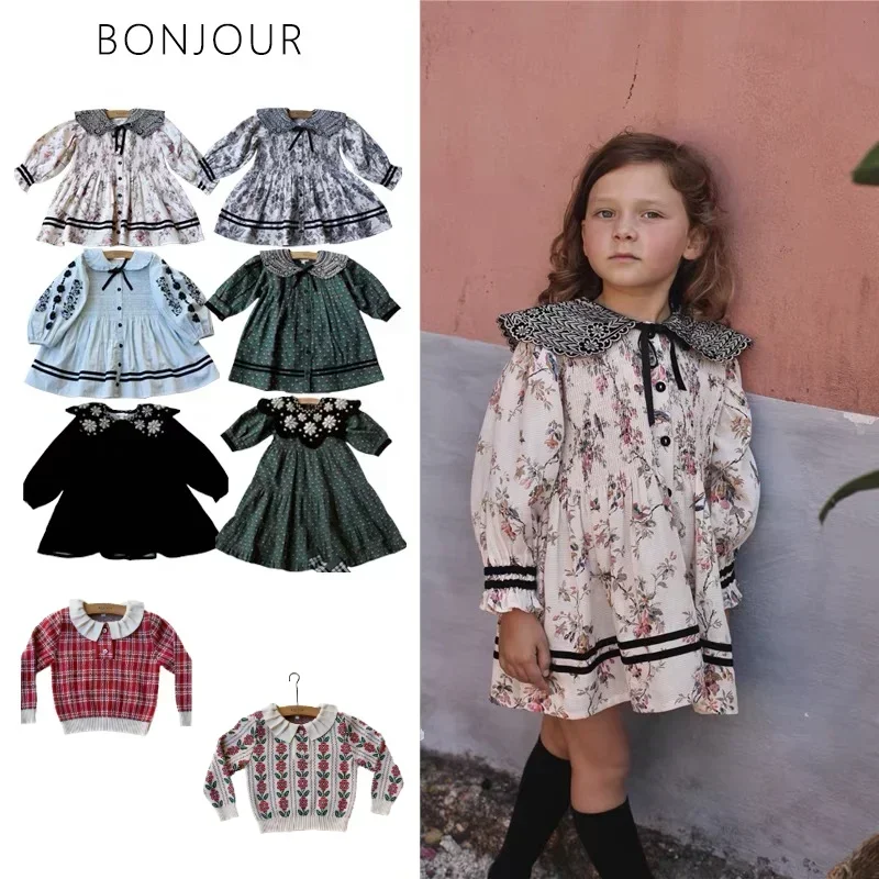 

Girls' Dress 2023AW Children's High Definition Heavy Industry Embroidery with Bubble Sleeves Polo Neck Shirt Skirt bonjour