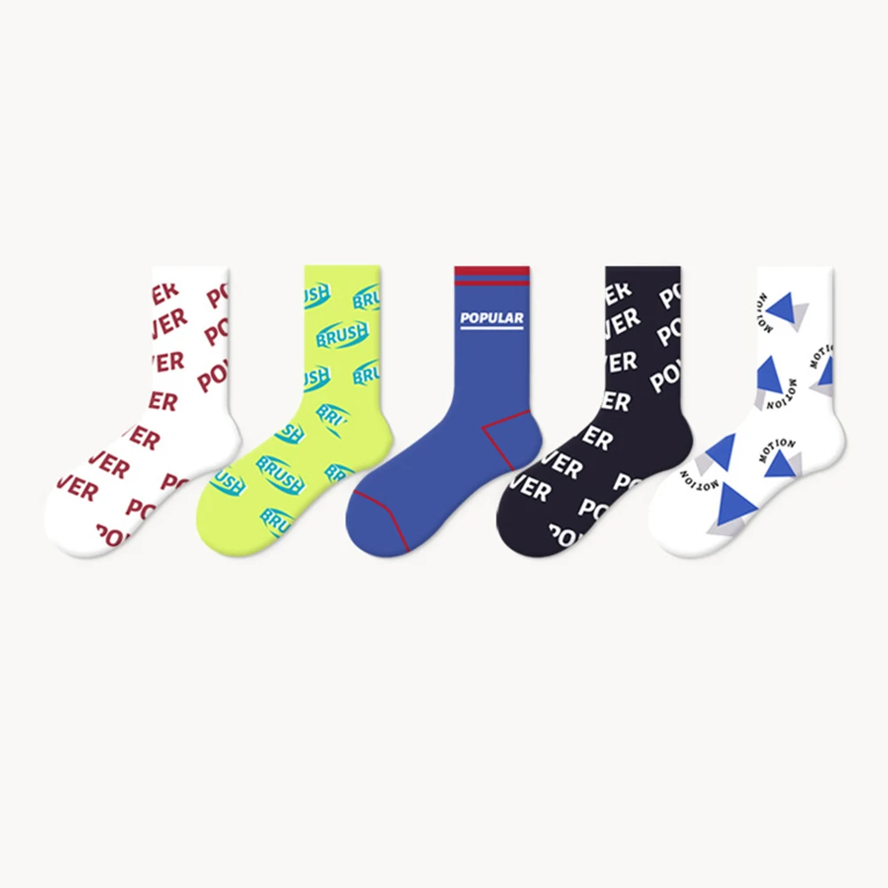 5Pairs Lovely Letter Patterns Couple Models Combed Cotton Sock Breathable Stripe Color Flower Fashion Women Men Cute Sports Sock