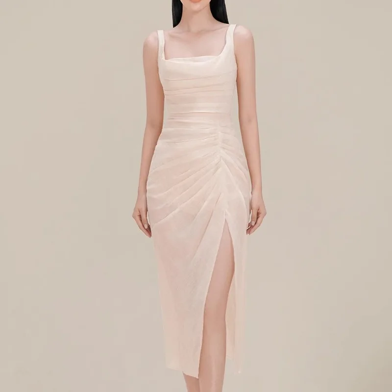 

Apricot Silk Dress Women Vintage Shirring Sleeveless Square Collar Chic Bodycon Dress High Waisted Elegant Vestido Party