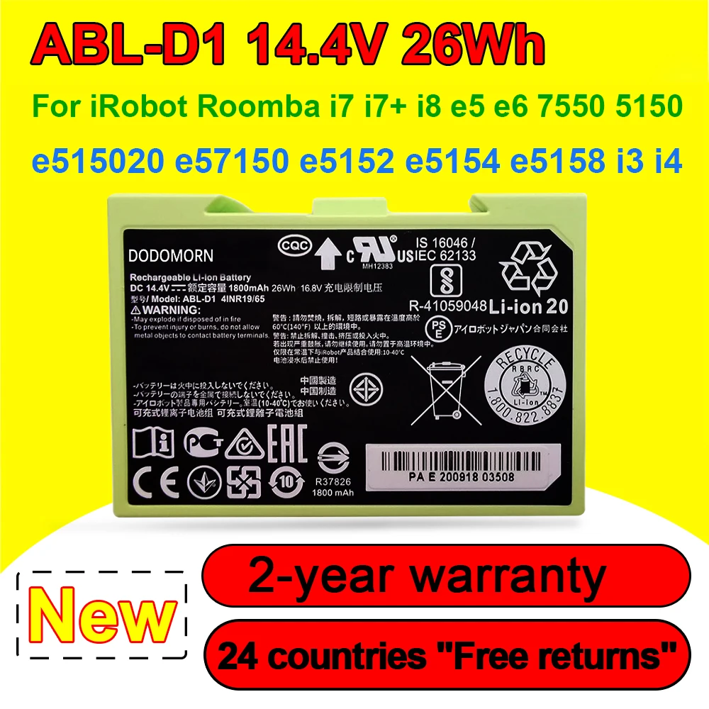 

14.4V 1800mAh ABL-D1 Battery For iRobot Roomba i7 i7+ i8 e5 e6 7150 5150 e5150 e5152 e5154 e5158 i3 i3+ i4 i4+ Vacuum Cleaner