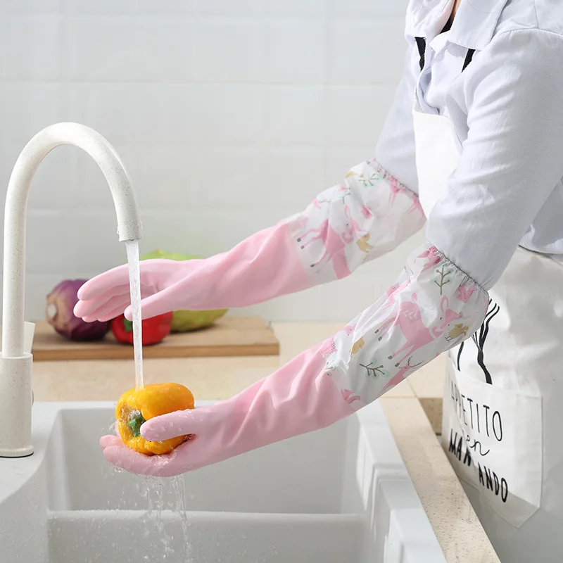 

Winter Kitchen Thickened Skin Care Cleaning Household Gloves Fleece Extended Dishwashing Laundry Rubber Waterproof Gloves