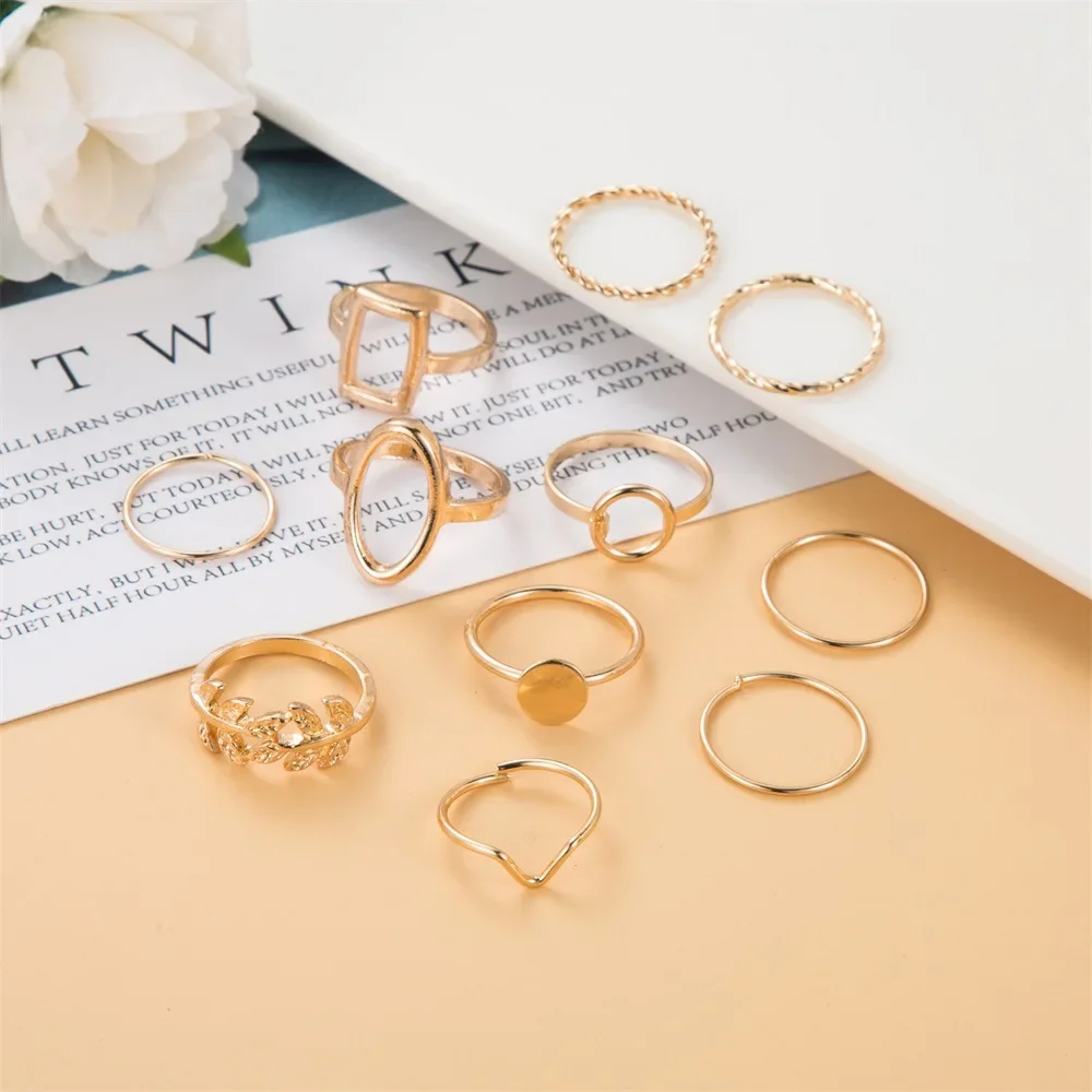 Fashion Creative Geometric Leaf Wave Hollow Ring Set 11 Pcs For Women Men Simple Knuckle Ring Charm Wedding Party Jewelry