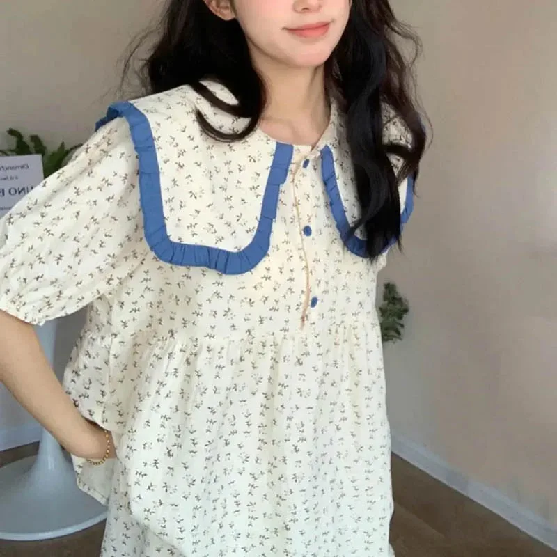 Salior Collar Sleepwear Women Pajama Sets Korean Short Sleeve Piiama Summer Set 2 Pieces Floral Night Wear Sleeping Home Suit
