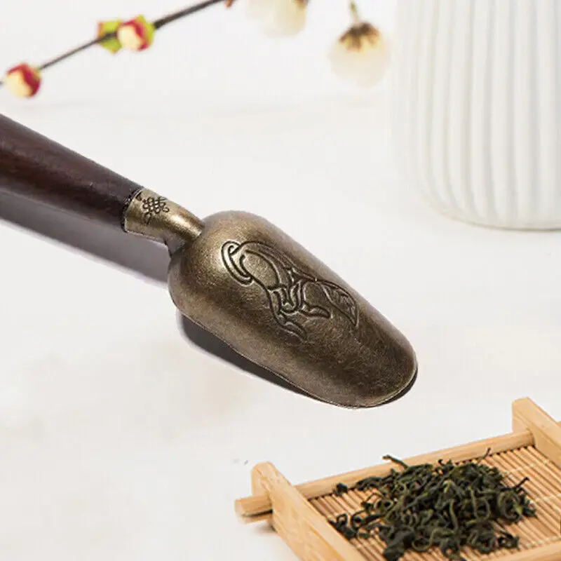 Description Picture 6 of itemWooden Handle Tea Shovel Tea Spoon,Tin Alloy Ebony Coffee Scoops Tableware Teaspoons,Easy Clean Anti Sprinkle Tea Spoon