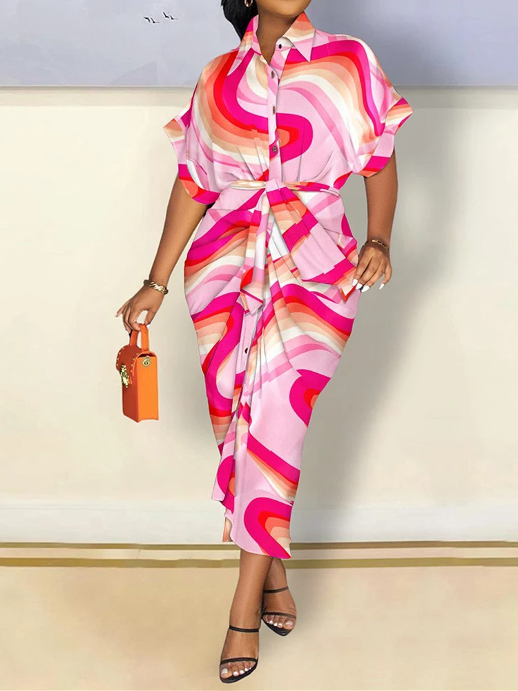 Women Floral Print Blouse Dress Casual Midi