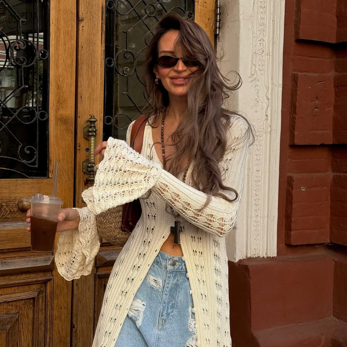 Pure Color Long Style Knit Cardigan, Hollow Out Bell Sleeve Casual Dress, Slim-Fitting All Seasons Fashion, Plain Pattern Style 1
