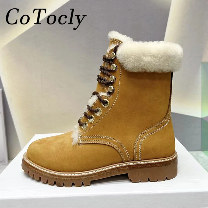 

Cow Suede Short Boots Woman Round Toe Lace Up Motorcycle Boots Women Winter Wool Warm Winter Shoes Flat Ankle Boots Women