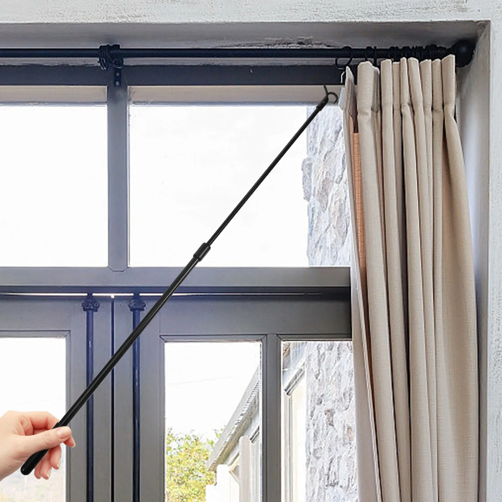 Black Adjustable Aluminum Alloy Curtain Rod Vertical Blind Wand With Hook Window Dressing Hardware Blind Replacement Rod