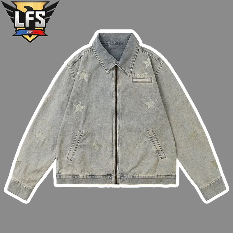 

Letter Embroidery Suede Jacket Mens Spring Retro Casual Loose Stand Collar Zipper Long Sleeve Outerwear Men Clothing Denim 2023