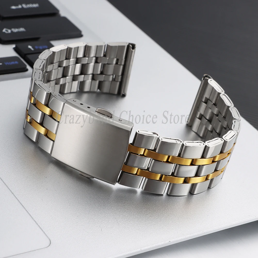 Silver Stainless Steel Watch Band with Folding Buckle and Tools - Elegant Metal Strap