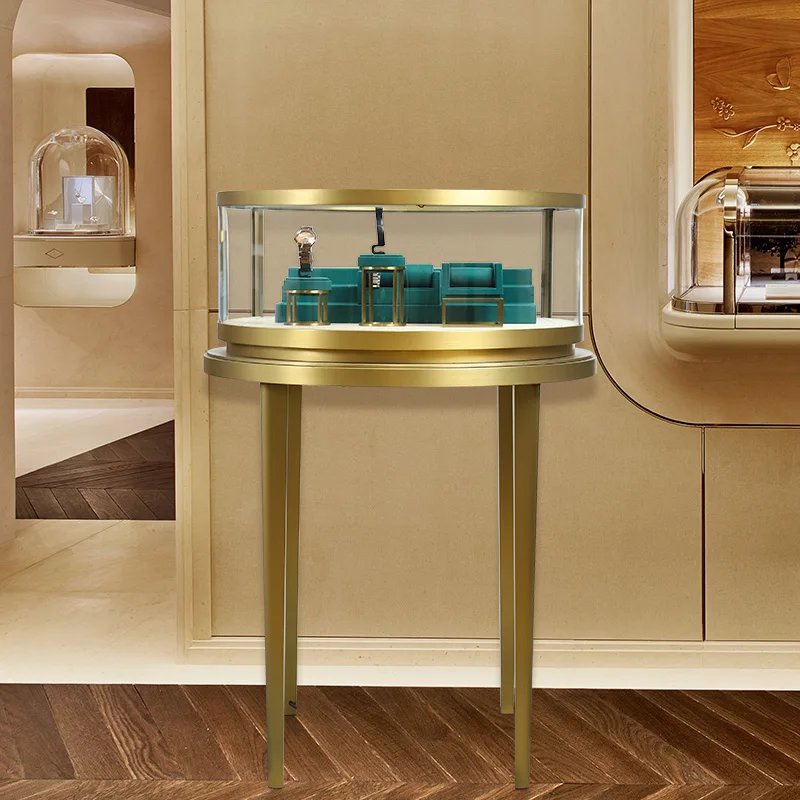 Custom Modern glass led light display floor standing round Display Counters Set Showcase Cabinet for Nail Salon Us