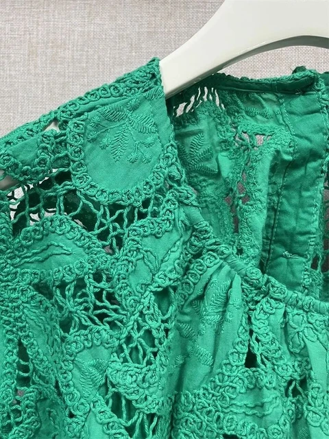 French Elegant Women O-neck Green Mini Dress 2023 Summer New Ladies Waist  Backless Crochet Hook Lace Short Robe - AliExpress
