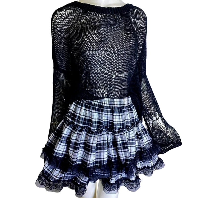 Women Gothic High Waist Mini Pleated Skirt Harajuku Vintage Plaid Print Tiered Ruffled Lace Trim Flare A-Line Streetwear 10CF