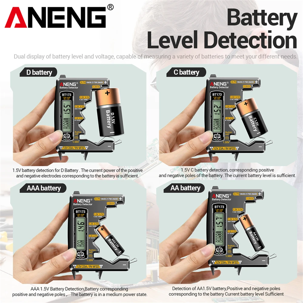 Tester batteria per tutte le batterie al litio 18650 Indicatore di capacità ANENG BT173 Analizzatore portatile Misuratore di tensione Strumenti per elettricisti - immagine 6