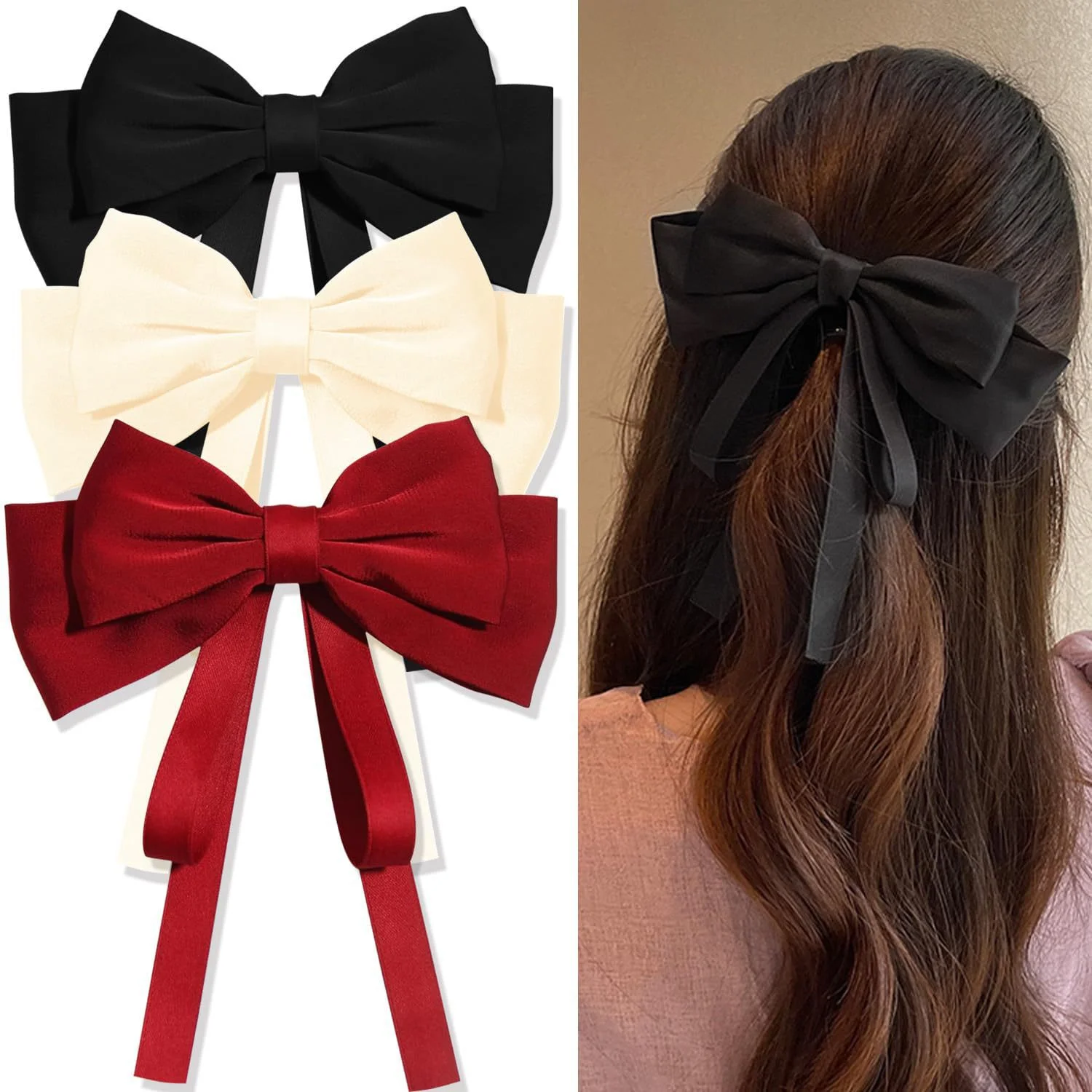 2er-Pack Elegante Doppelschichtige Schleifenhaarspangen, Hochwertige Damen-Haaraccessoires, Lange Quasten-Pferdeschwanz-Haaraccessoires