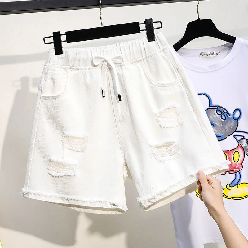 XL-5XL Oversize Stretch Denim Wide Leg Shorts Women Summer Drawstring High Waist Cuffs Short Pants Ripped Frayed Hole Large Size