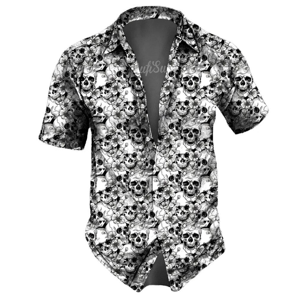 Skull Lapel Men'S Shirts Horror 3d Print Casual Hawaiian Shirts Man Retro Shirt For Man Street Button Short Sleeves Male Clothes 2