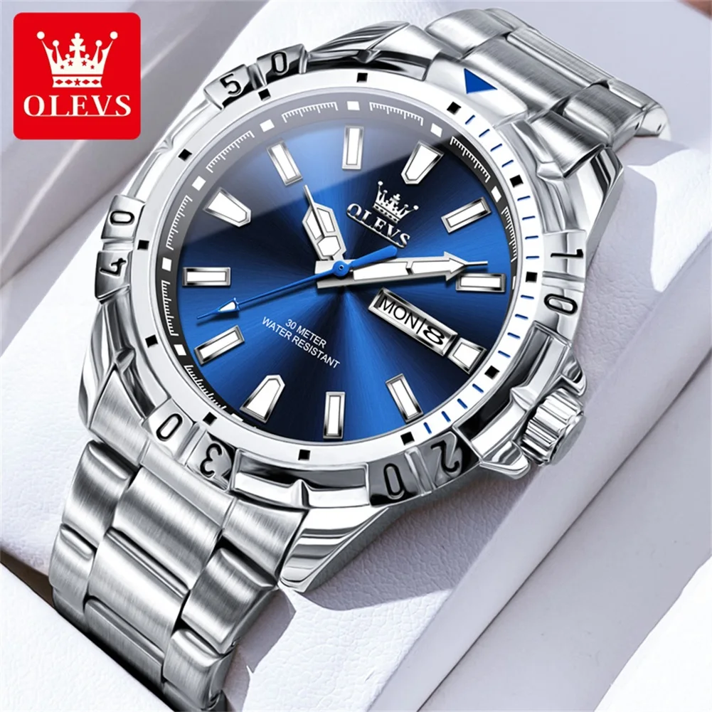 

OLEVS Original Brand Men's Watches Waterproof Dual Calendar Quartz Watch Stainless Steel Strap Luminous Luxury Male Wristwatch