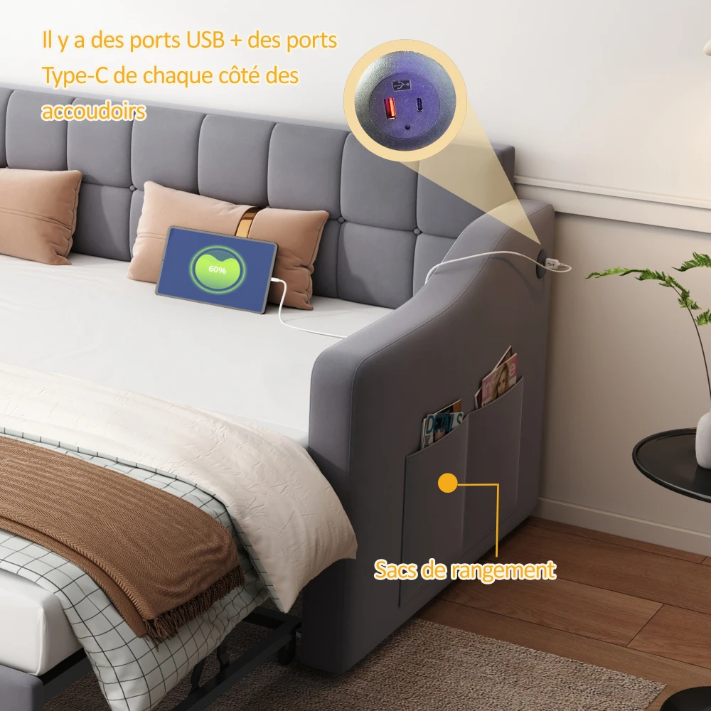 Gepolstertes Bett, Schlafsofa, Multifunktions-Schlafsofa, 90 x 180 x 190 cm, hellgraues, mit Samt gepolstertes Bett mit Steckdose und Aufbewahrungstasche – Detail 31