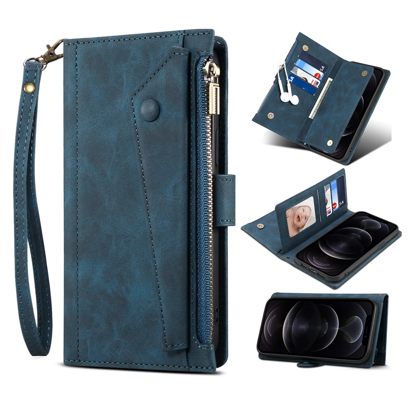 Luxury Leather Crossbody Zipper Wallet Case with Lanyard and Multi Card Slots