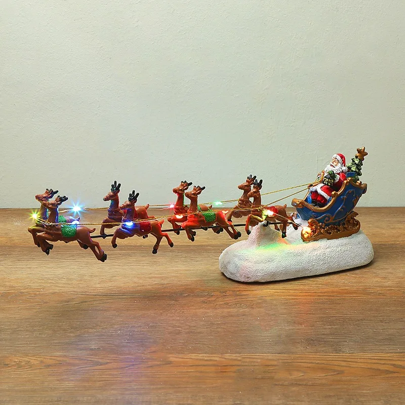 2024-new-deer-pull-cart-luminous-resin-ornament-christmas-hut-luminous-house-christmas-gift-decoration