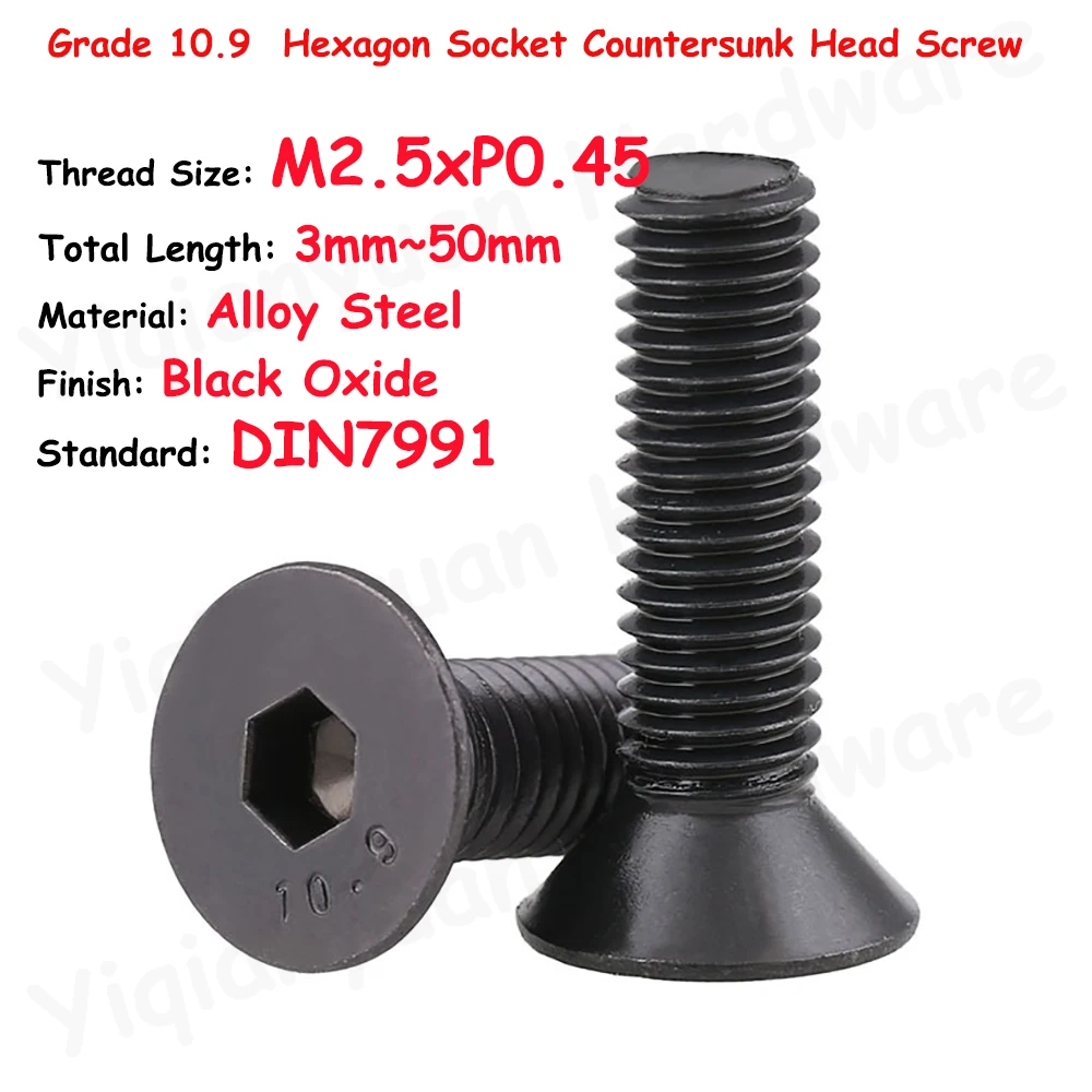 

DIN7991 M2.5xP0.45 Coarse Thread Grade 10.9 Alloy Steel Hexagon Socket Countersunk Head Cap Screw Black Allen Key Tiny Bolt
