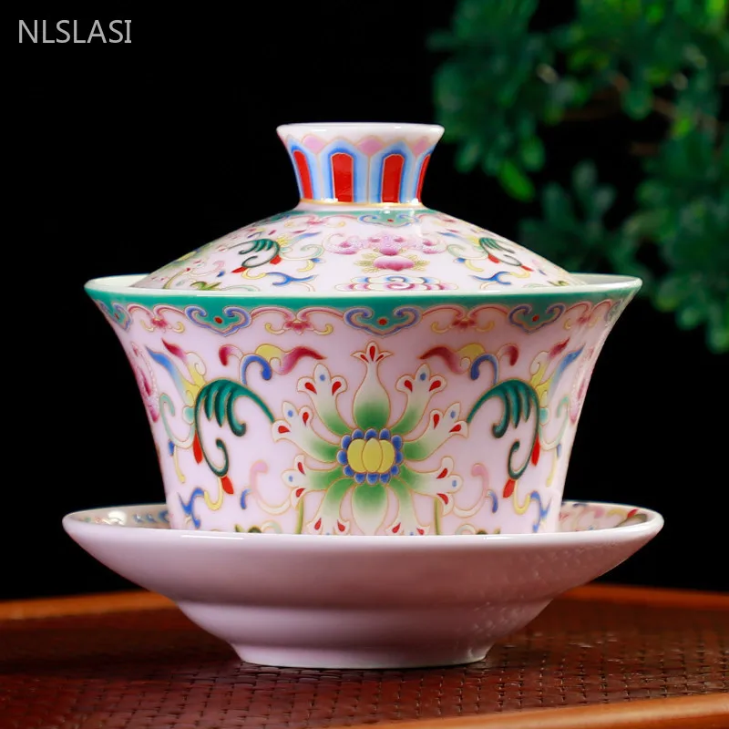 WSHYUFEI Jingdezhen Porcelain Gaiwan Exquisite Enamel Color Tea Bowl with Saucer Lid Kit Handmade ceramics Teaware 280ml