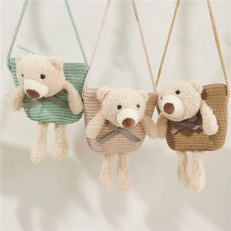 Cute Bear Baby Girl Shoulder Bags Straw Children Messenger Bag Kids Princess Mini Bow Handbag Crossbody Child Girls Coin Purse