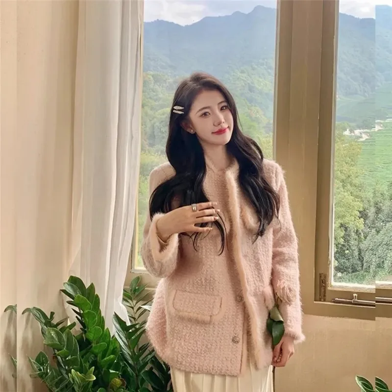 

Pink Tweed Jacket Women Autumn Winter Single-Breasted O Neck Coat Ladies 2022 Korean Fashion Wild Casual Long Sleeve Tops Female
