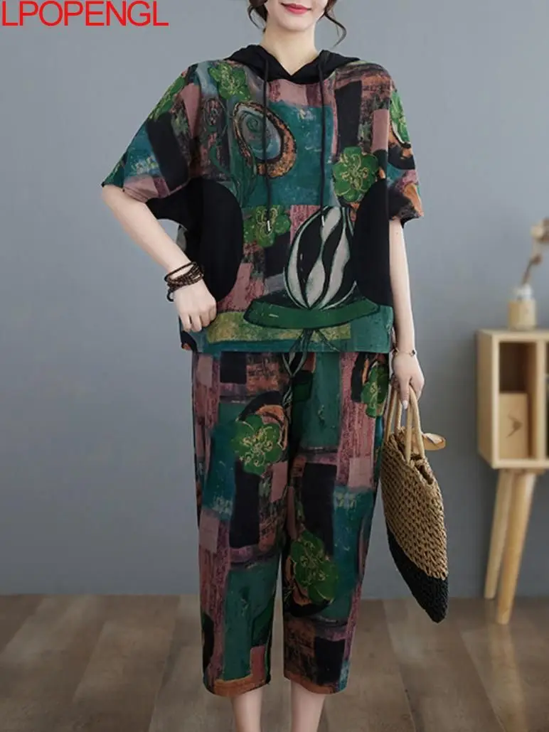 

National Style Summer Women's Temperament Short Sleeves Set 2023 New Loose Retro Casual Art Cotton Linen Pullover Two Piece Set