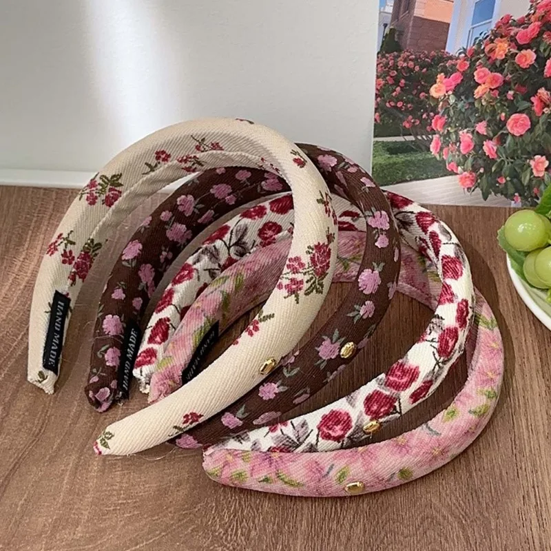 French Style Vintage Floral Twill Cotton High Skull Top Headband Wide Edge Sponge Headband Female New Hairhoop for Hair Washing