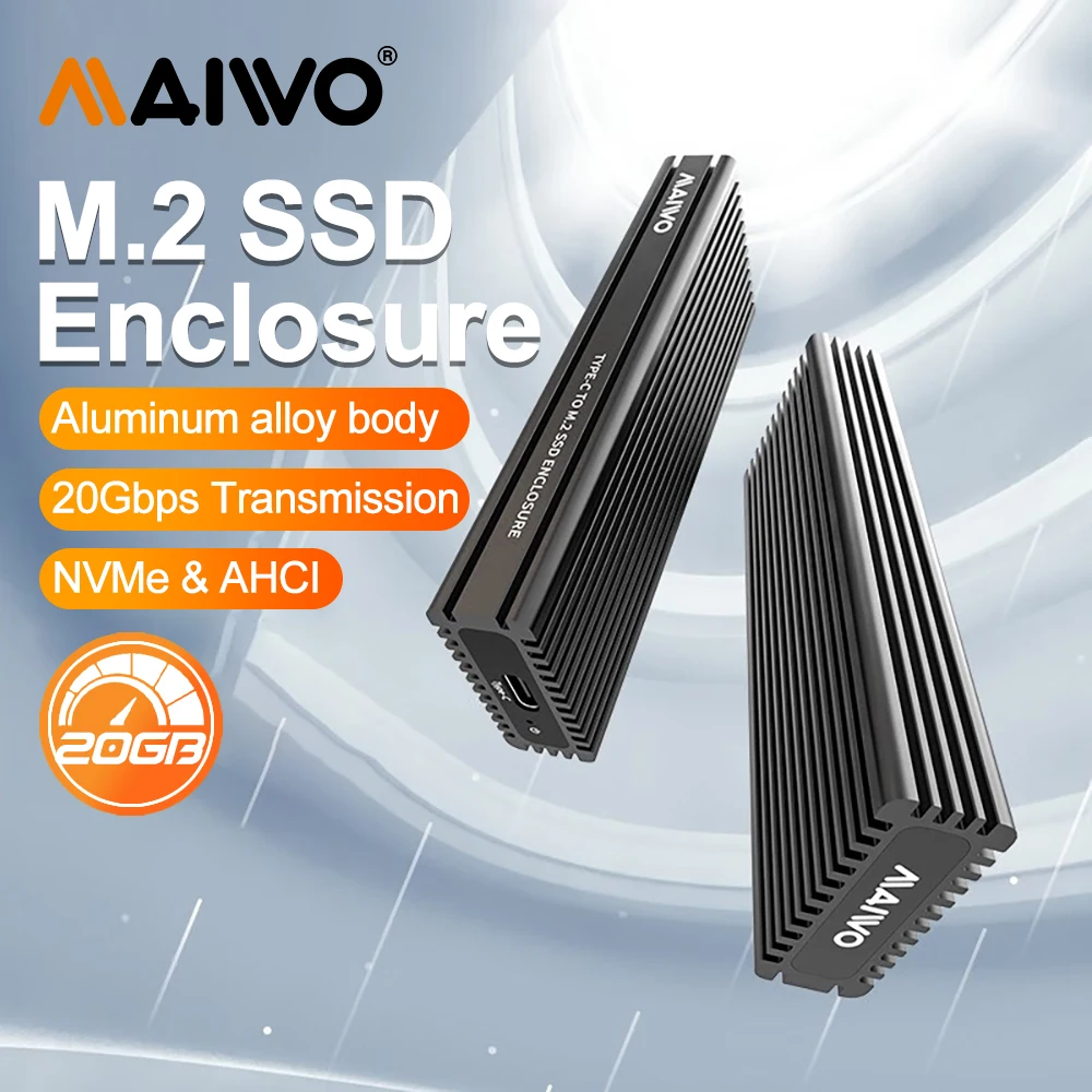 Maiwo-nvme Case Ssd com Colete de Resfriamento Embutido Alumínio Atualizado tipo c Gabinete Ssd m2 Nvme para Unidade de Estado Sólido 20gbps