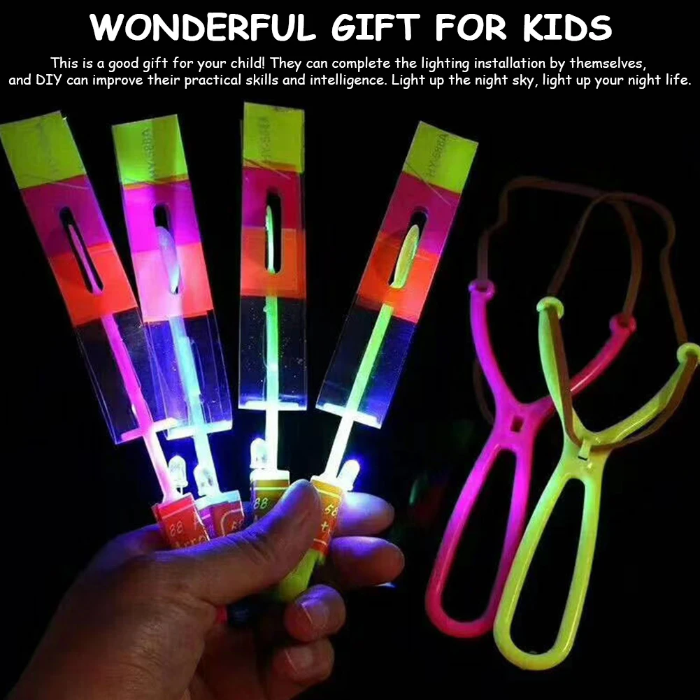Rocket Slingshot Flying Toys 10Pcs LED Arrow Helicopters + 10Pcs Launcher Rocket Helicopter Toys Luminous Slingshot Toy for Kids