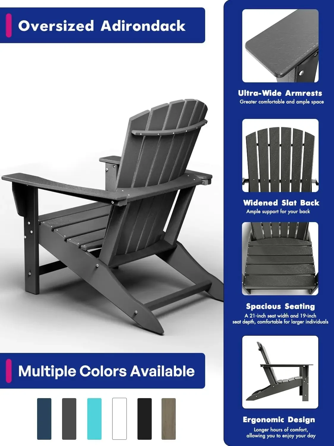 Adirondack-Chairs-Set of 2 | Fire Pit Chair | Oversized , HDPE Plastic , Weather Resistant , Grey