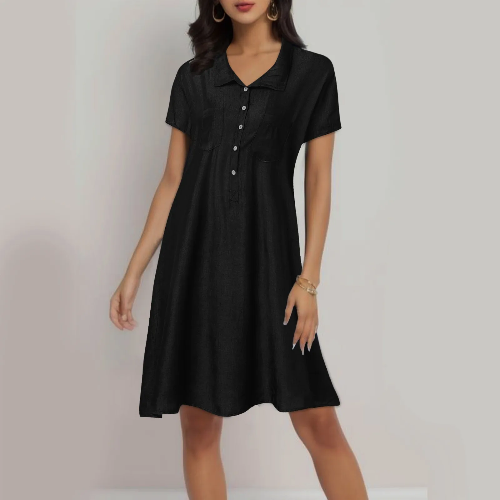 

2023 WomenCasual Jeans Dress Fashion Summer Short Sleeve High Quality Solid Denim Mini Vestidos Turn Down Collar Ladies Party