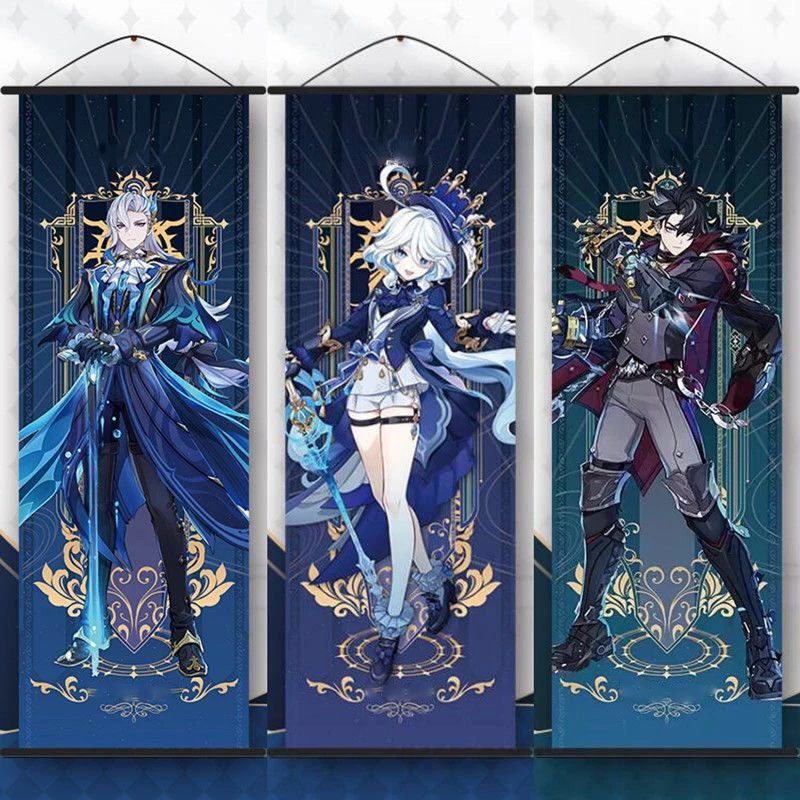 Wall Hanging Poster Game Impact Scroll Canvas Cosplay Cartoon Heros Wall Hanging Poster Halloween Xmas Decor Fans Collection Students Gifts
