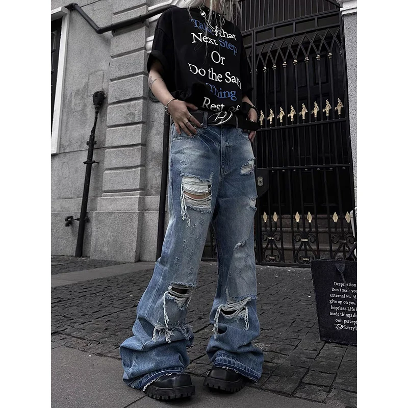 ZHIZOU American Retro Y2K 2000s Ripped Blue Jeans Women Loose Wide Legs 2026 Spring Style Design High Waist Straight Trousers 2
