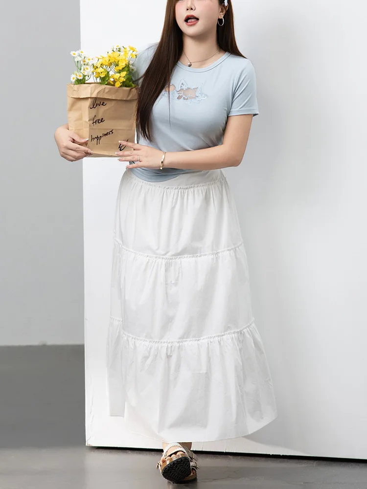 Plus Size Women's Sets Preppy Style Casual Little Fox hollowed-out Embroidered short-sleeved T-shirt And White Cake Long Skirt