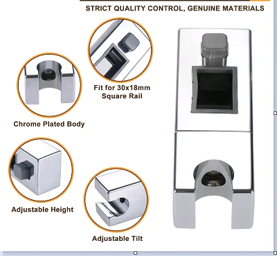 Supporto Scorrevole Per Soffione Doccia - Staffa A Muro In ABS Cromato Per Barra Rettangolare 30x18mm, Con Pulsante Regolabile