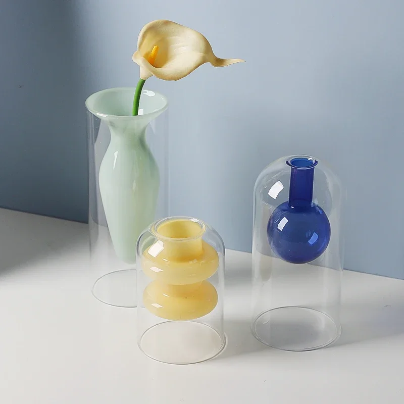 Decorative Double Wall Borosilicate Flower Vase Ins Hot Popular Cylinder Hydroponic Clear Murano Glass Vase 2